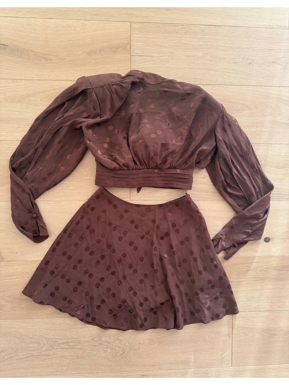 Revolve LPA Top &  Emily Skirt Set XS Brown Polka Dot Two Piece